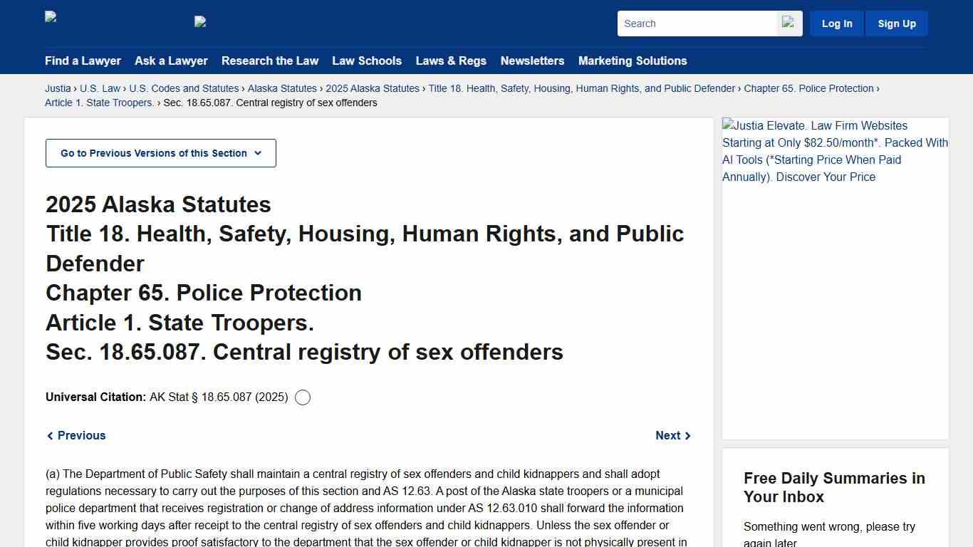 Alaska Statutes § 18.65.087 (2025) - Central registry of sex offenders :: 2025 Alaska Statutes :: U.S. Codes and Statutes :: U.S. Law :: Justia